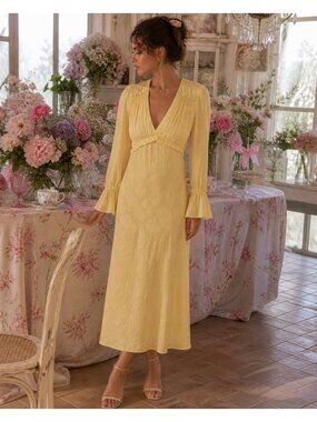 LoveShackFancy Silk Kalona Dress Butter Yellow Bias Cut Women's Size 10 Romantic